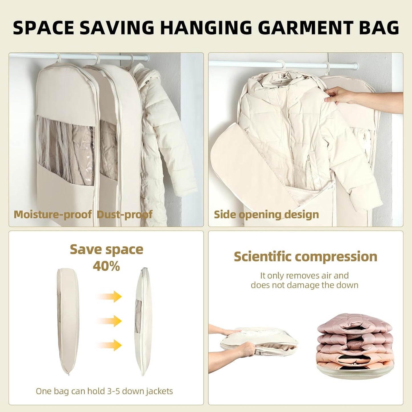 2 Packs Space Saving Garment Bag with Self Compression Zipper, Travel Suit Bags for Closet Storage, Hanging Garment Bag for Coats, Down Jackets (XLarge, Beige)
