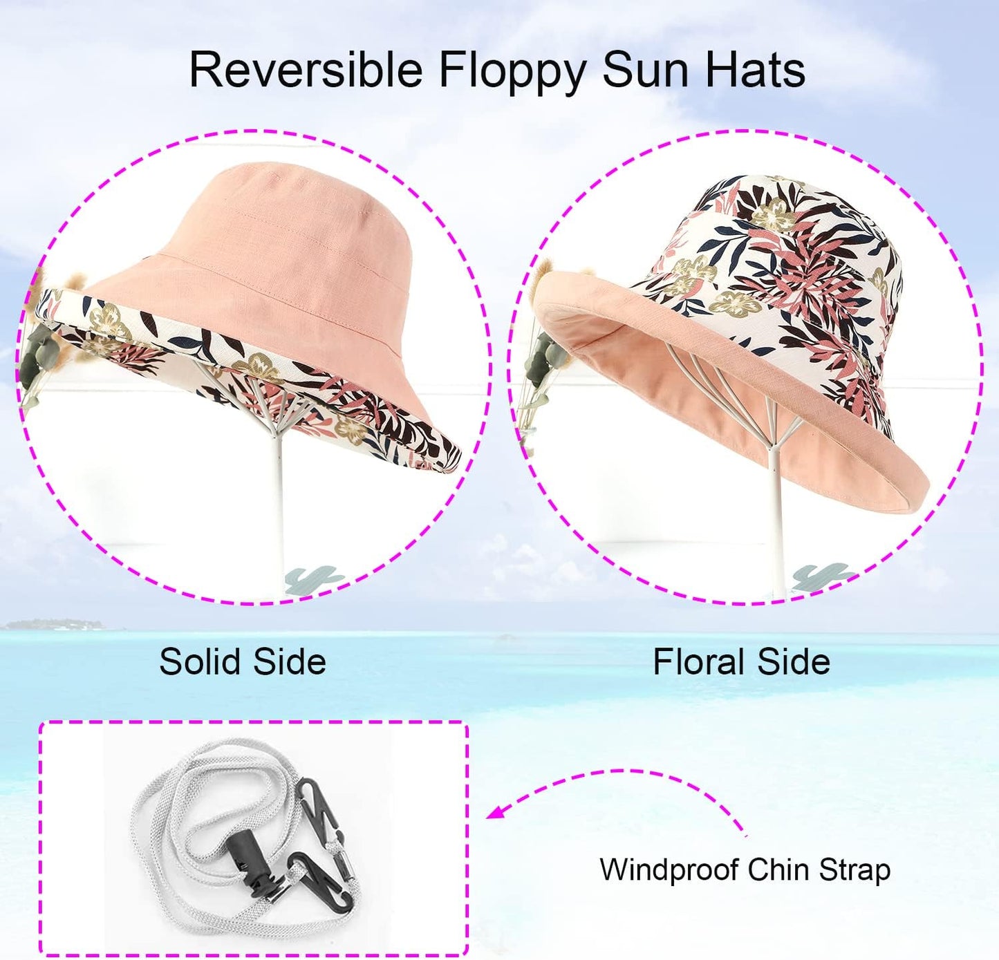 Women Wide Brim Sun Hats Metal Wired Edge Summer UV Protection Beach Fishing Hat for Hiking Garden Travel Chin Strap