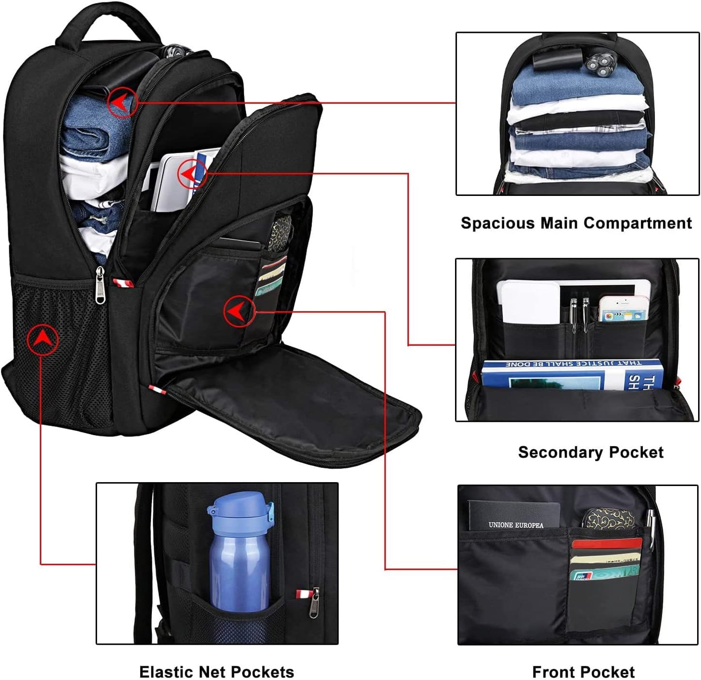 Travel Laptop Backpack, Black Backpack for Men and Women with USB Slit Business Computer Back Pack (Black, 15.6 Inch)