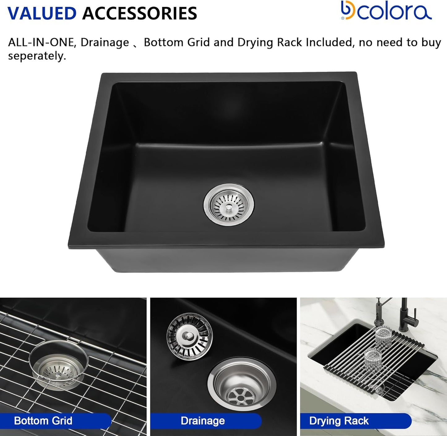 Dcolora 22 Inch Quartz Composite Bar Sink Black Undermount Small Granite Composite Kitchen Sink Prep RV Single Bowl Under Counter, Round Corner, 22"x17", DC-GU7747