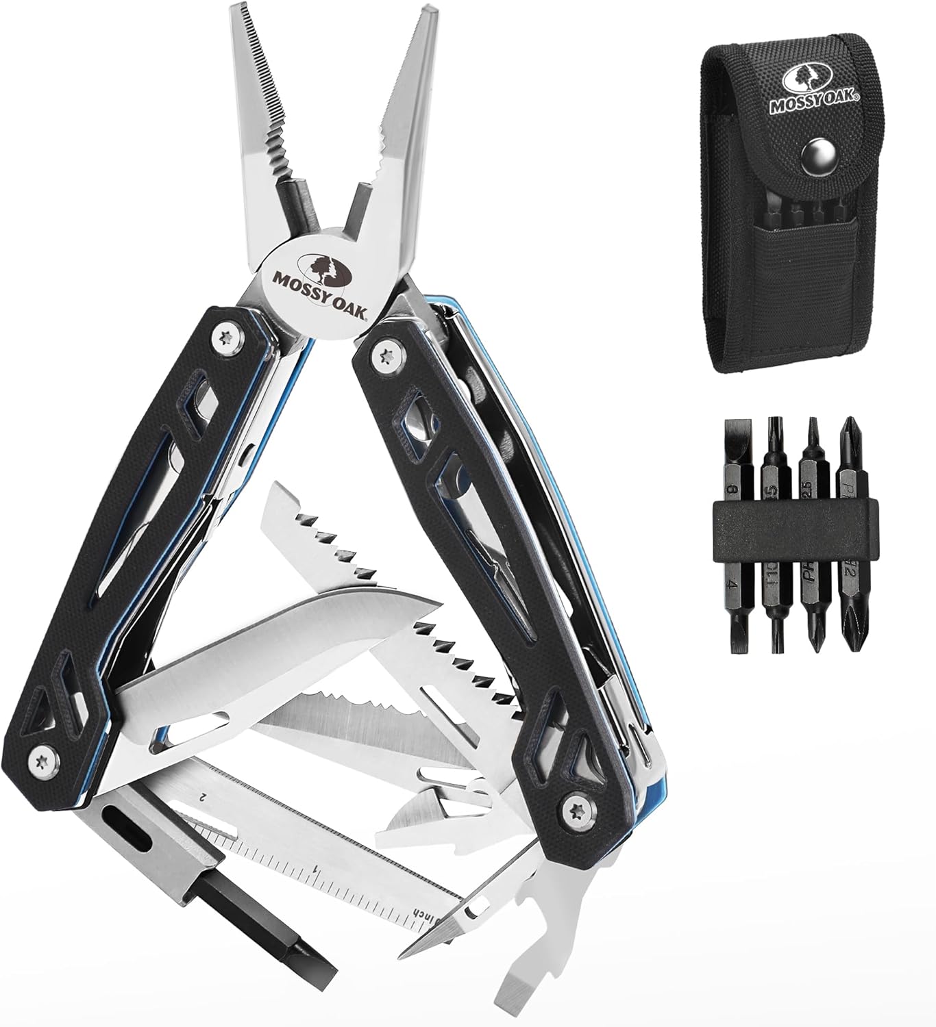 MOSSY OAK Multitool, 21-in-1 Stainless Steel Pocket Knife with G10 Handle, Screwdriver Sleeve, Self-locking Pliers with Sheath-Perfect for Outdoor, Survival, Camping, Hiking, Simple Repair