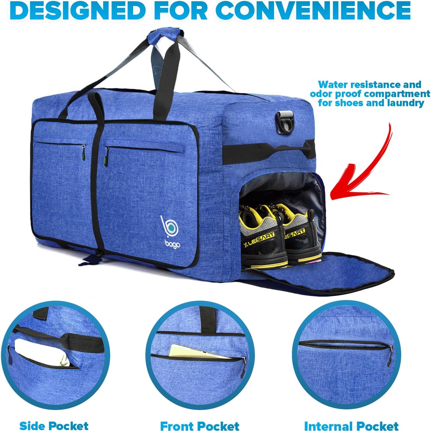 Bago Large Foldable Duffel Bags for Traveling Women & Men - 100L Packable Duffle Bag for Travel with Shoe Compartment - Water Repellant, Heavy Duty, Lightweight Folding & Collapsible (SnowDepBlue)