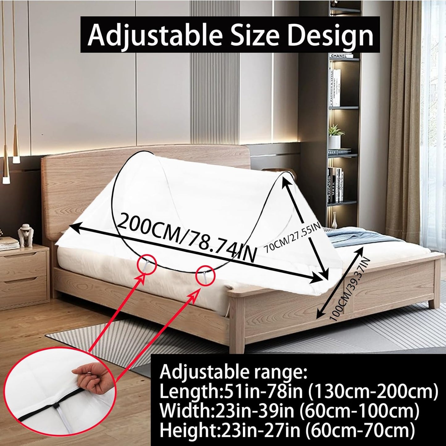 CMINGJ Large Pop Up Mosquito Tent, Portable Foldable Mosquito Net for Bed Camping Travel Patio，Mosquito Net for Adults Baby (78 * 39 * 27inch) (Black Adjustable Size)
