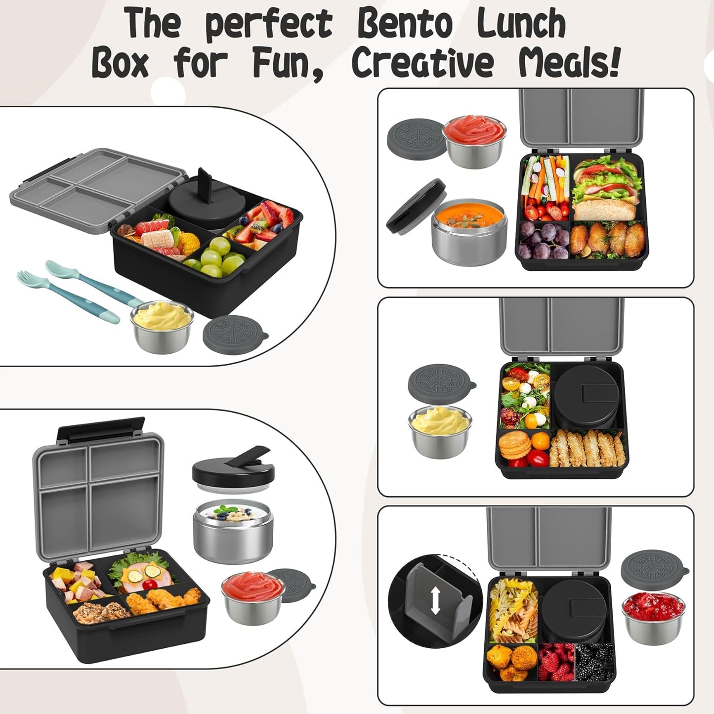 Kids Bento Lunch Box with 8oz Soup Thermo, Kids Leakproof Lunch Food Containers with 4 Compartment,Insulated Hot Food Jar with Lunch Bag for School, Travel (Black)