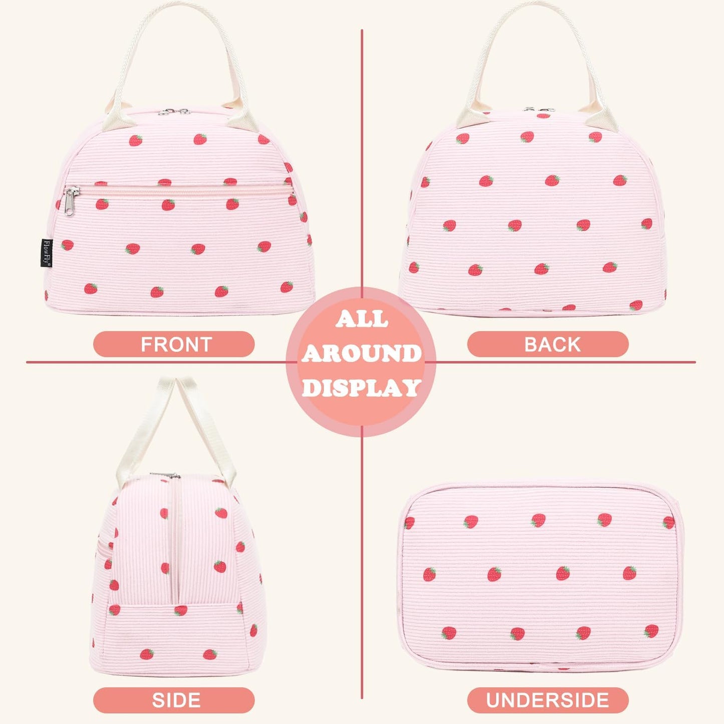 FlowFly Insulated Lunch Bag for Women – Corduroy Lunch Tote Box, Cute Cooler Bag for Work, Travel, Picnic,Corduroy Strawberries Pink