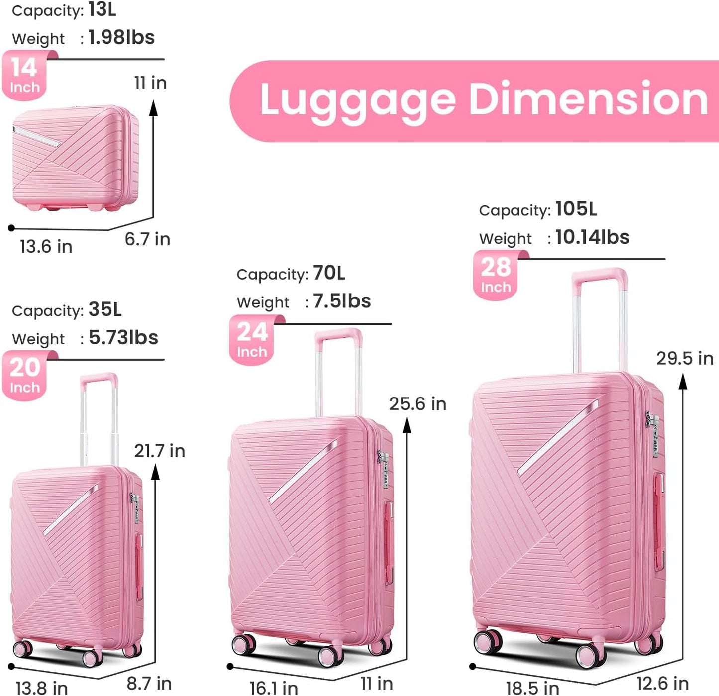 Campfun Luggage 4 Piece Sets, Expandable Carry On Luggage Set Hardshell PP, Suitcase Set with Double Spinner Wheels, Checked Durable Lightweight with TSA Lock, 14in 20in 24in 28in-Pink(B)