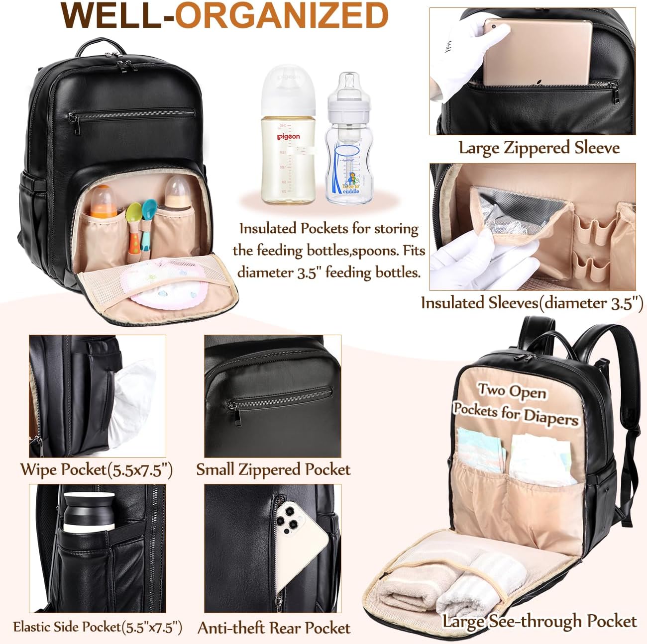VASCHY Diaper Bag Backpack for Mum Dad, Unisex Large Waterproof Vegan Leather Baby Bag with Changing Pad,Insulated Pockets,Padded Laptop Sleeve for Travel,Black