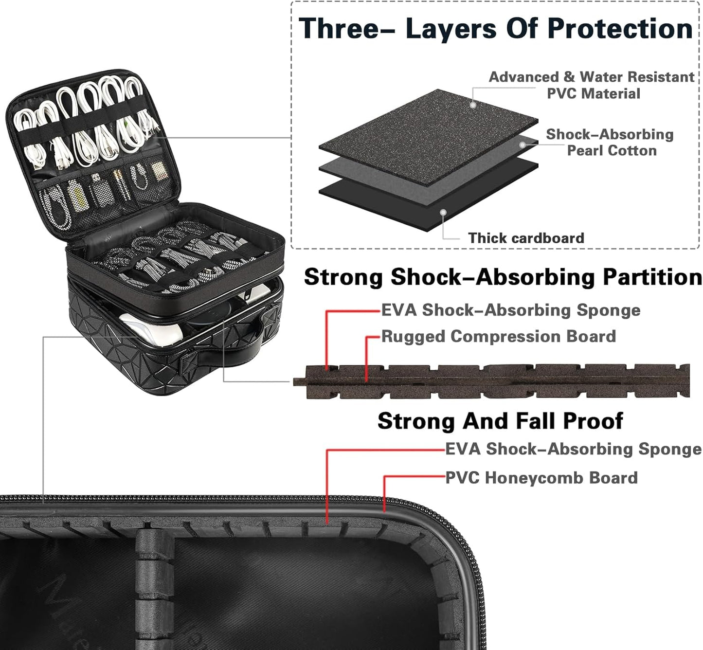 MATEIN Cord Organizer Case with Adjustable Divider, DJ Cable File Bag for DJ Gear, Sound Instrument and Music Equipment Accessories, Shockproof Portable Double Layer Cord Bags, Black