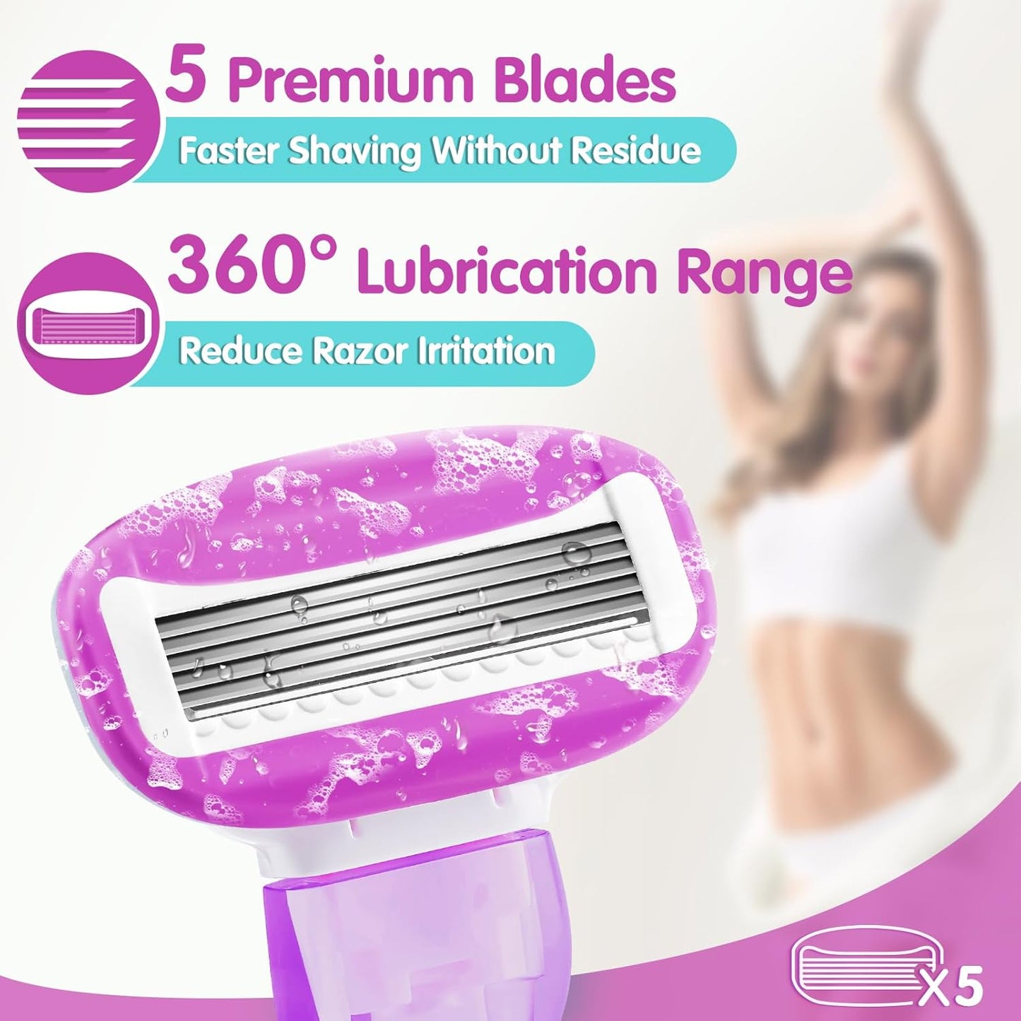 DreamGenius Travel Razors for Women Include 1 Handle and 5 Cartridges, Extra Smooth 5-Blade Travel Essentials Razor with Case for Shaving, Purple