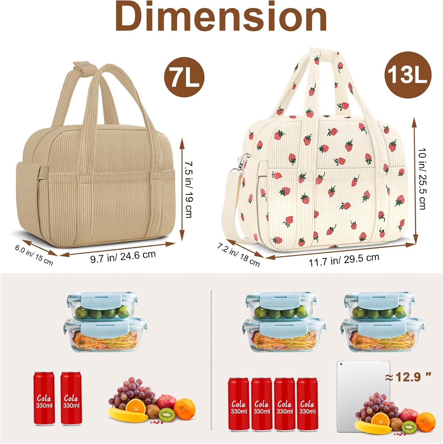 Corduroy Lunch Box Lunch Bag for Women Men, Cute Strawberry Small Insulated Reusable Work Leakproof Simple Lunch Boxes Tote Bag Adults Cooler Bag