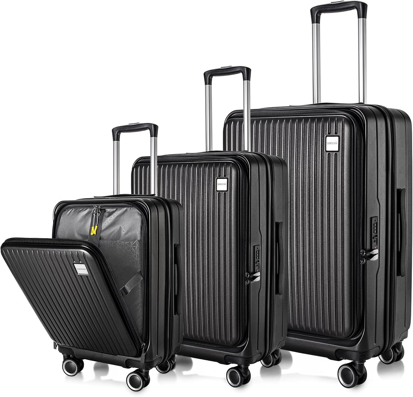 Luggage Sets 3 Piece, ABS Lightweight 20in/24in/28in Luggage, Expandable Carry On Suitcase Set with TSA Lock & Double Wheels, Front Open Hardshell Luggage Sets (Black)