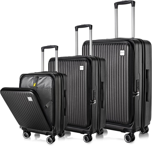 Luggage Sets 3 Piece, ABS Lightweight 20in/24in/28in Luggage, Expandable Carry On Suitcase Set with TSA Lock & Double Wheels, Front Open Hardshell Luggage Sets (Black)