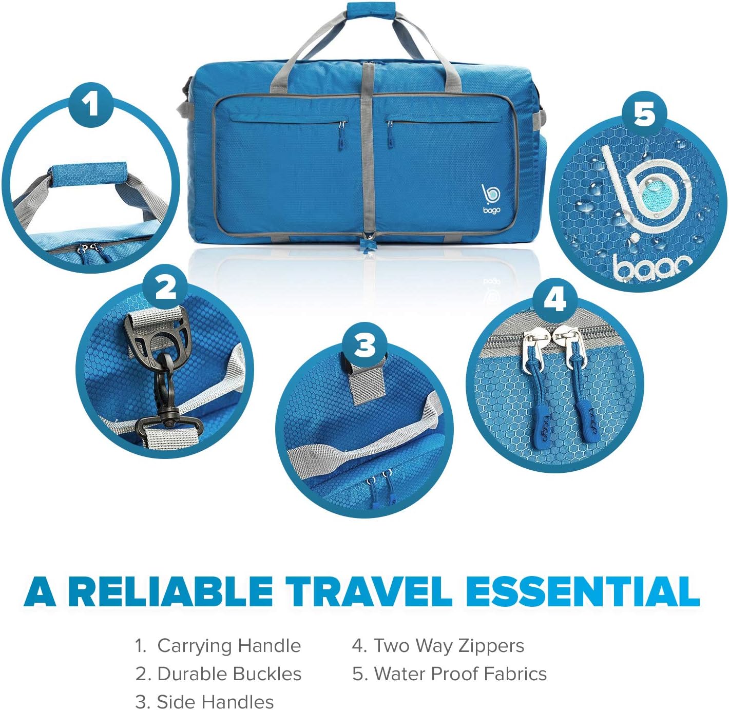 Bago Large Foldable Duffel Bags for Traveling Women & Men - 100L Packable Duffle Bag for Travel with Shoe Compartment - Water Repellant, Heavy Duty, Lightweight Folding & Collapsible (Blue)