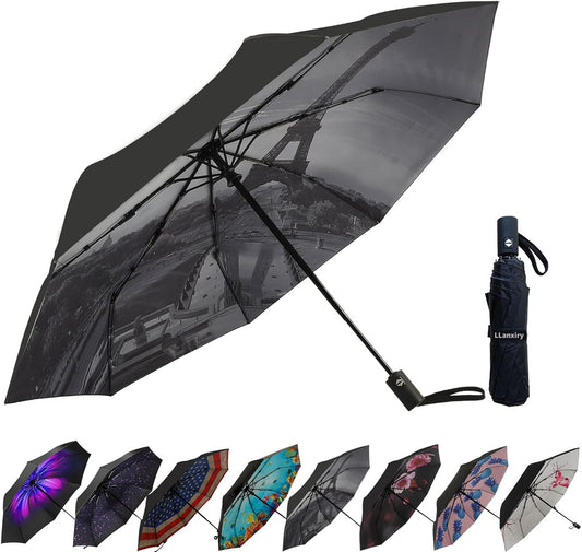 LLanxiry Compact Travel Umbrella, Mini Windproof Umbrellas for Rain & Sun, Small Lightweight Outdoor UV Umbrella, Portable Folding Umbrellas for Travel