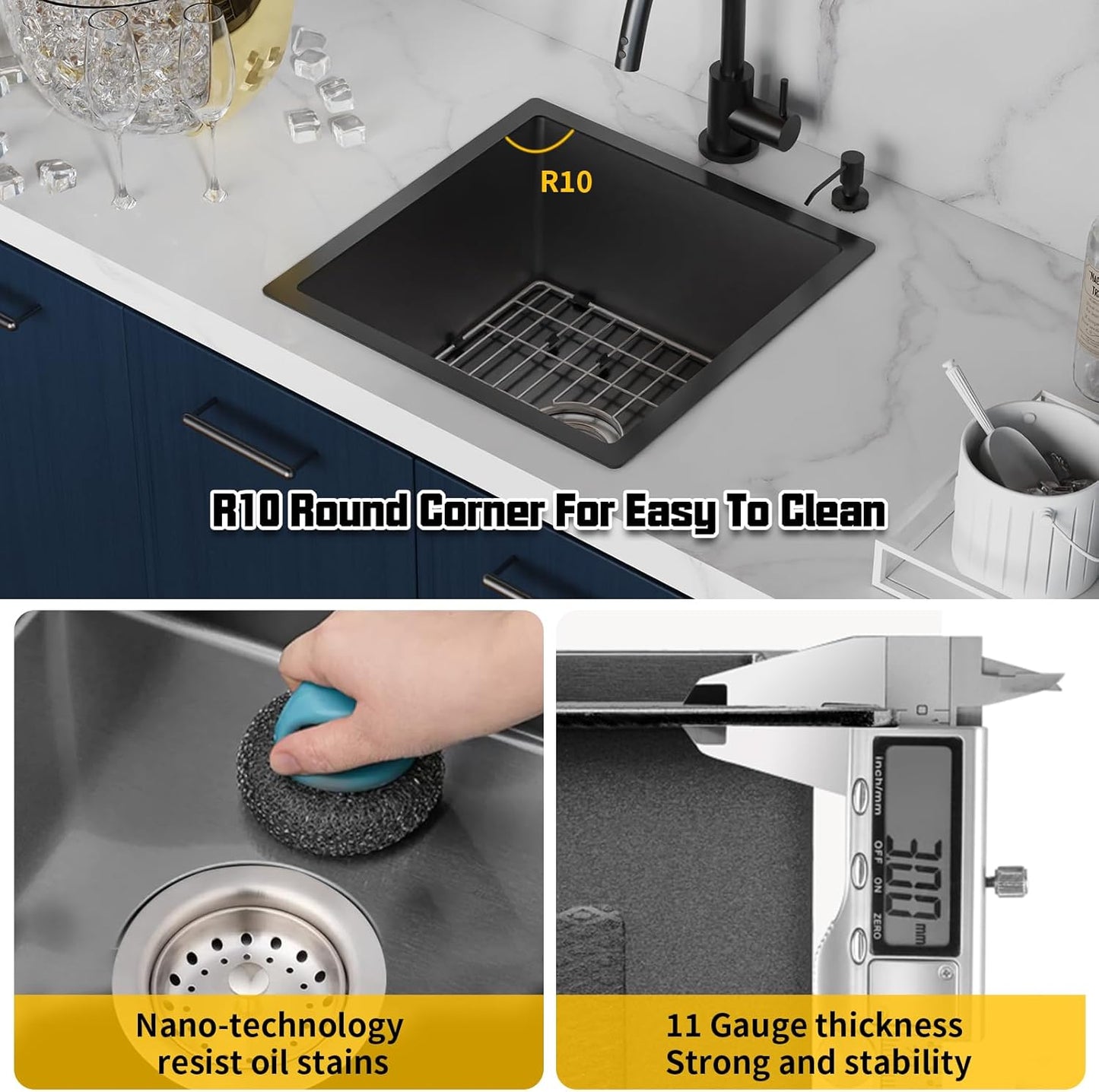 Small Black Kitchen Sink,18x18 Inch Stainless Steel Undermount Drop In Kitchen&Bar Sink Ideal Choice For Small Space, Prep Area, RV With Bottom Grid,Soap Mat And Drain Assembly