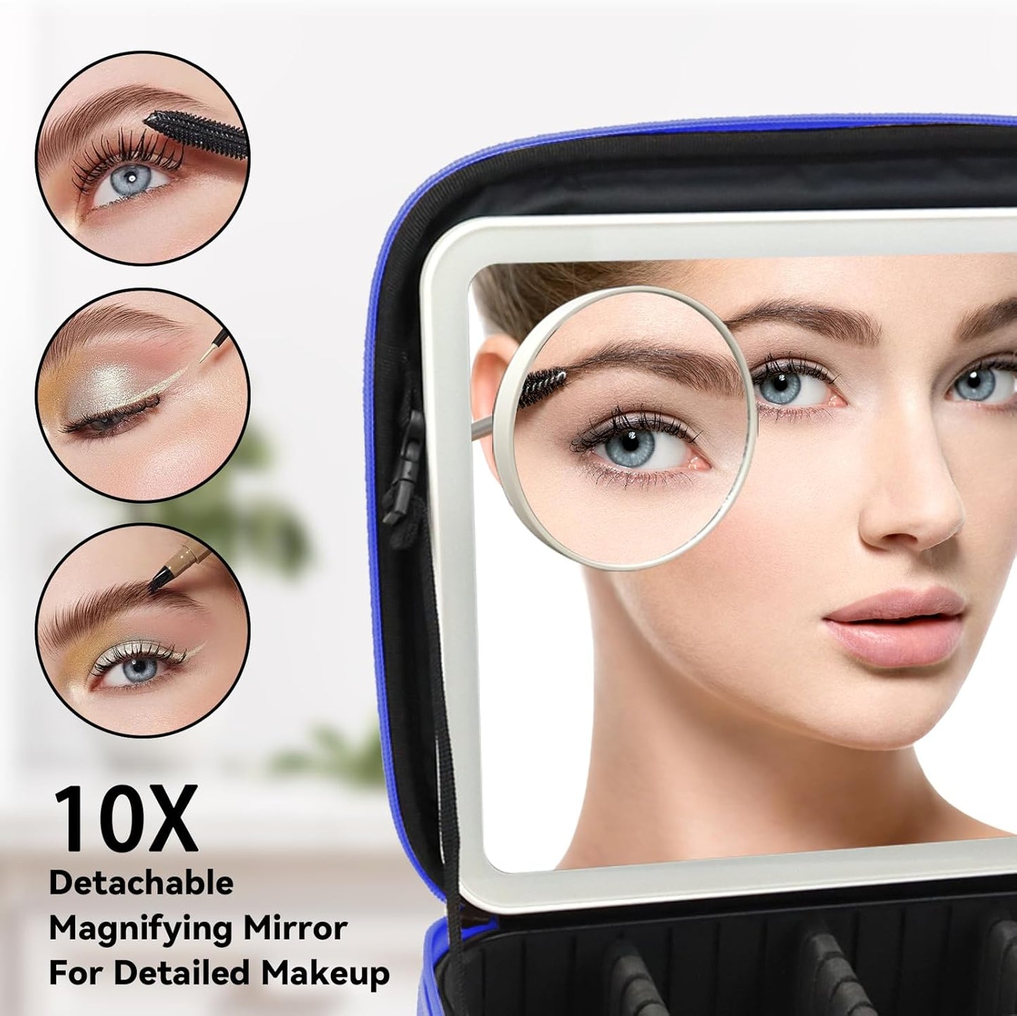 Travel Makeup Bag with LED Mirror and 10x magnifying glass with 3 Lighted Settings, Adjustable Dividers and Makeup Brush Storage Bag Dark Blue