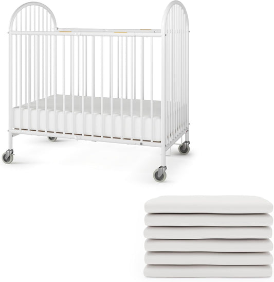 Foundations Pinnacle Folding Metal Hotel Crib and Sheet Bundle - Includes 4" Foam Mattress and 6-Pack White Fitted Compact Sheets for Babies & Toddlers