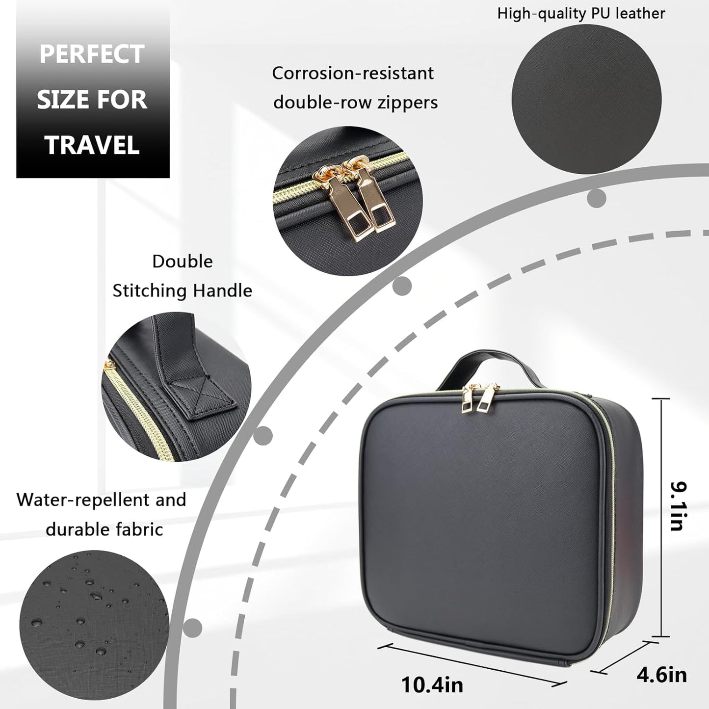 Travel Makeup Bag with LED Lighted Mirror, Travel Makeup Organizer,3 Color Setting Cosmetic Makeup Box, Adjustable Dividers and Brush Holder（black）