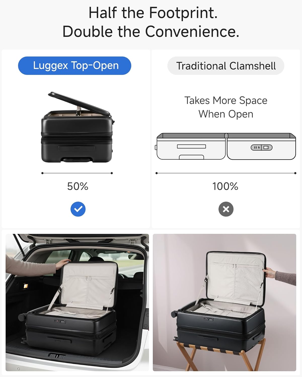 LUGGEX Checked Luggage with Spinner Wheels, FLO5 Expandable Polycarbonate Hard Shell Suitcase with TSA Approved Lock (FX-Core, Black, 24 Inch)