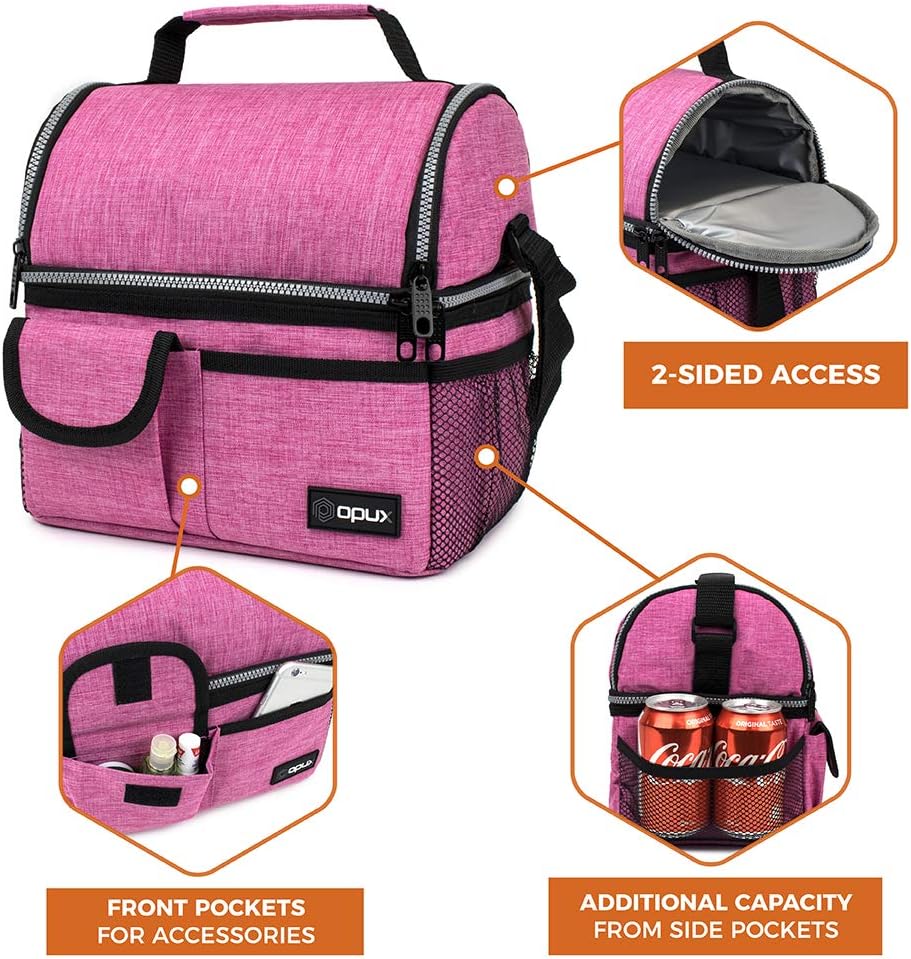 opux Lunch Bag Women Insulated, Adult Lunch Box Cooler, Lunch Box for Men, Dual Compartment Lunchbox for Work, Leakproof Double Decker Lunch Bag, Soft Lunch Pail Tote Girls Boys Kids School, Pink