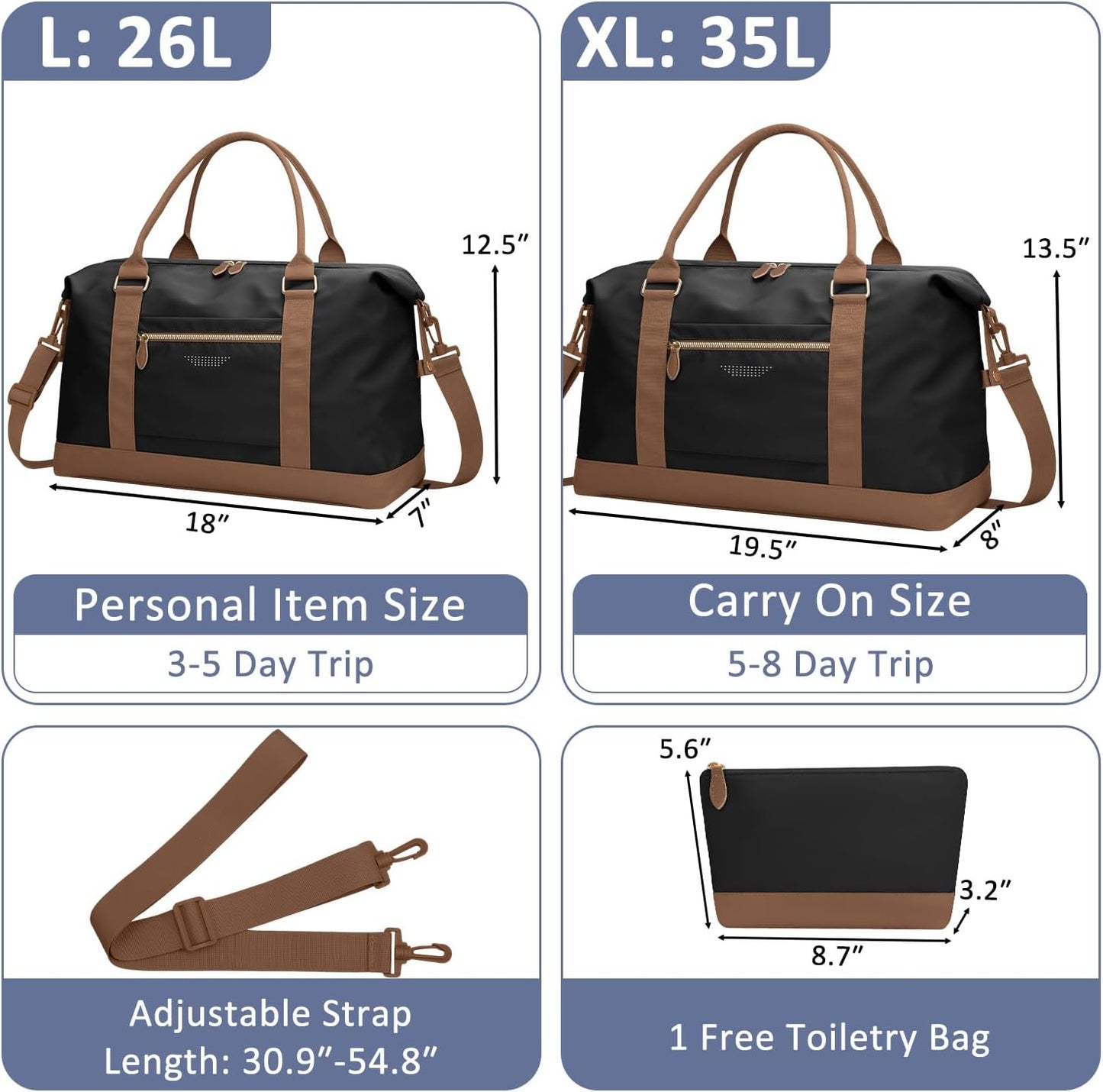 Travel Duffle Bag for Women, Weekender Bags, Hospital Bag for Labor Delivery, Lightweight Tote Duffel Overnight Bag with Luggage Sleeve, Airplane Travel Bags with Toiletry Bag,X-Large,Black