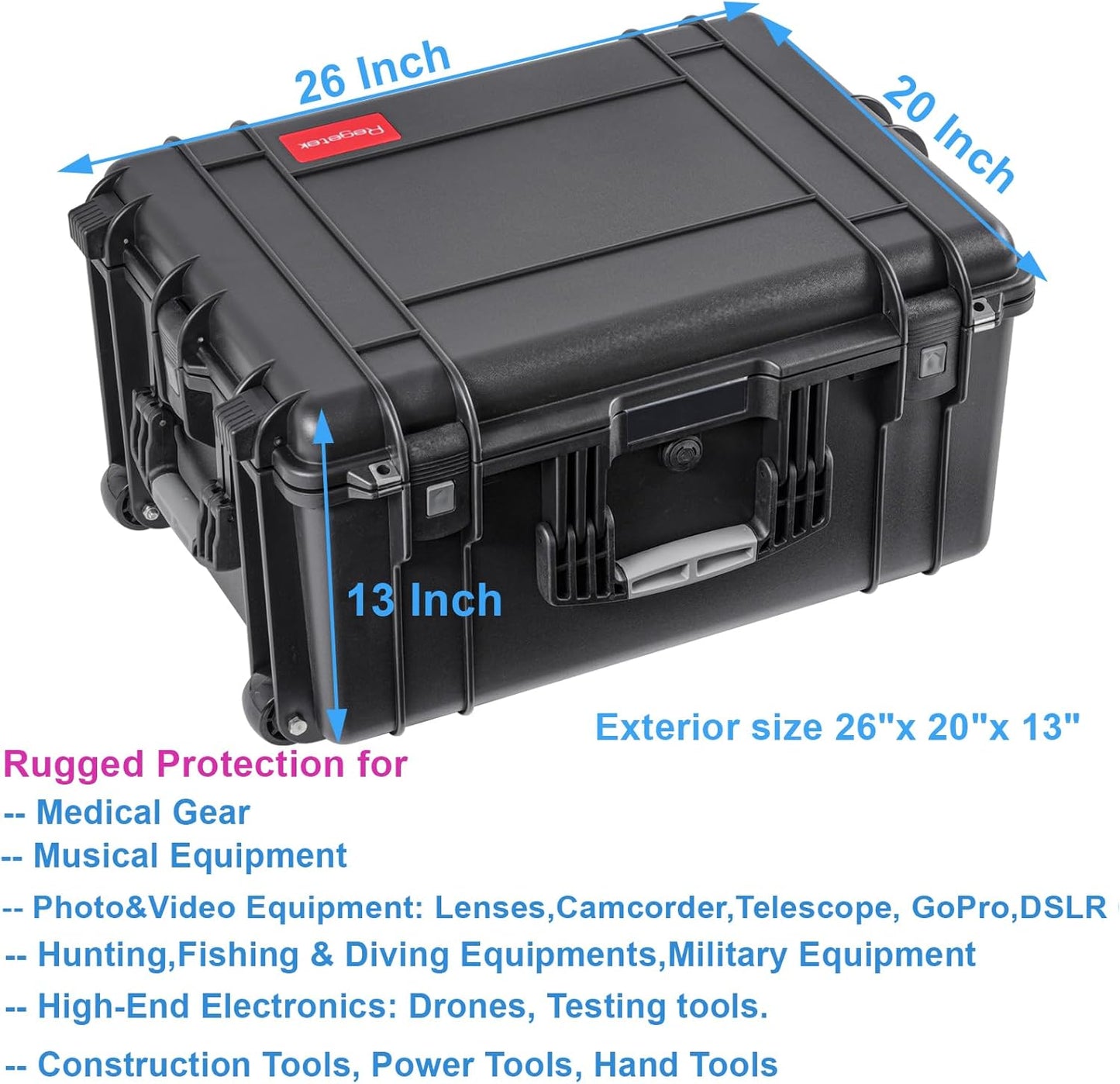 Rolling Hard Case with Foam,26 x 20 x 13 Inch, Equipment Case with Wheels and 4 Handles for camera, Drone,tool, electronics,Shockproof, Waterproof, TSA Friendly, Inner 22.64"X 16.73"X9.84"