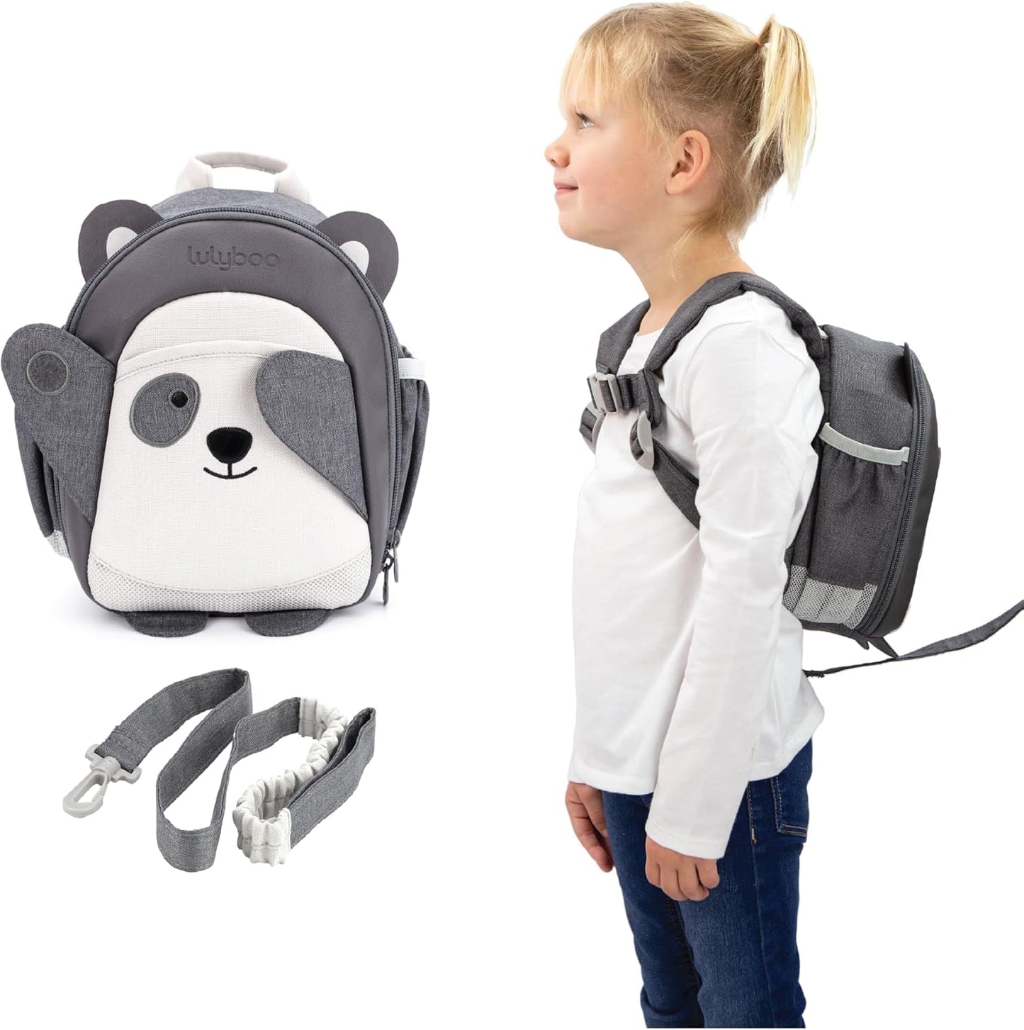 Lulyboo Panda Toddler Backpack Leash with Detachable Child Harness & Wrist Tether, Baby Walking Safety Harness, Kids Backpack with 5 Storage Pockets & Insulated Lunch Bag, Perfect for 1-7 Years