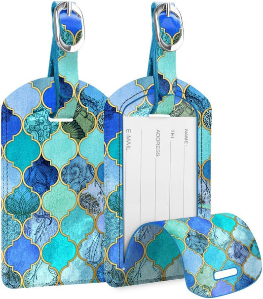 FINTIE 2 Pack Luggage Tags, Leather Name ID Labels with Privacy Cover for Travel Bag Suitcase, Theme - Cool Jade