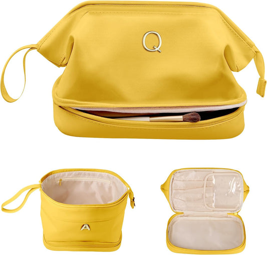 Womens Gifts, Initial Makeup Bag, Travel Gifts, Personalized Bags, Waterproof Double Layer Cosmetic Bag, Large Capacity PU Leather Makeup Bags Letter Travel Toiletry Bag, Friend Gifts