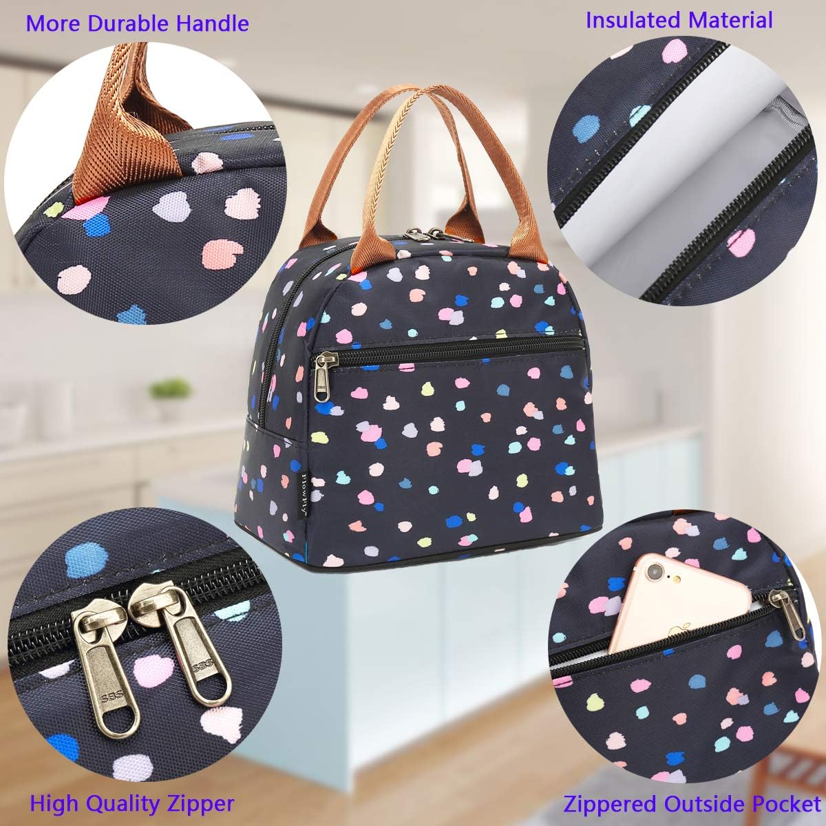 FlowFly Insulated Lunch Cooler Bag - Tote Organizer for Women/Men, Black Flower