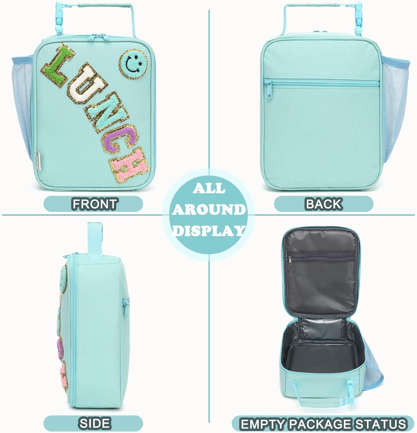 FlowFly Lunch box Insulated Soft Bag Mini Cooler Back to School Thermal Meal Tote Kit With Buckle and Mesh Side Pocket for Girls, Boys, GreenWithLetter