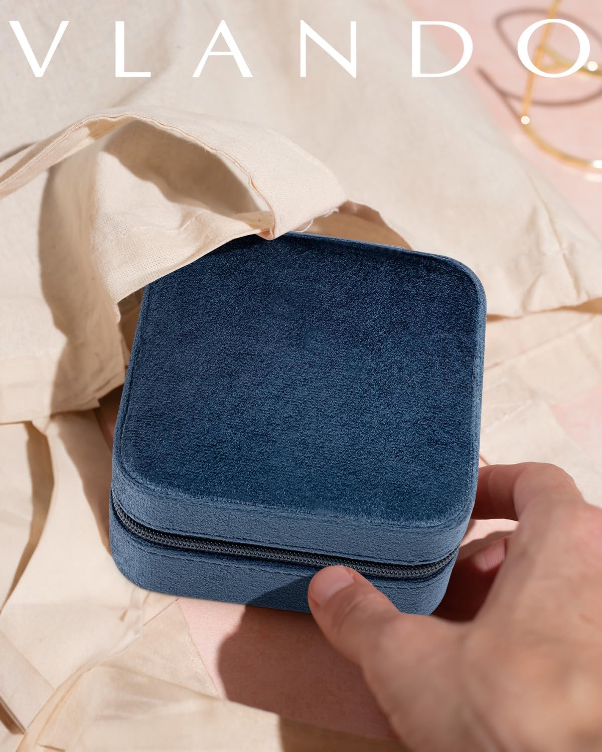 Vlando Velvet Jewelry Case, Travel Box for Women, Portable Organizer With Mirror - Small, Dark Blue