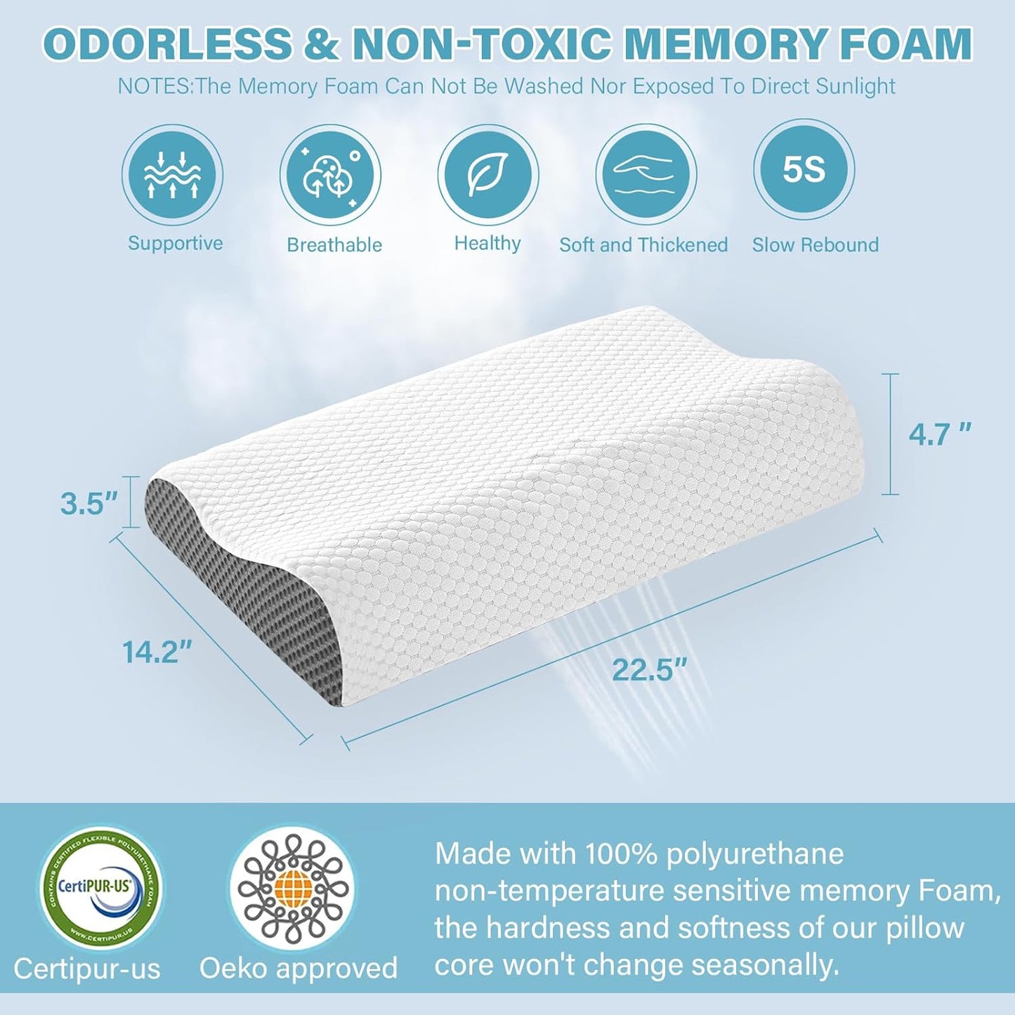 2 Pack Memory Foam Cooling Bed Pillows for Sleeping, Ergonomic Cervical Pillow for Neck and Shoulder Pain Relief, Adjustable Cold Pillow Set of 2,with Pillowcase（Grey）