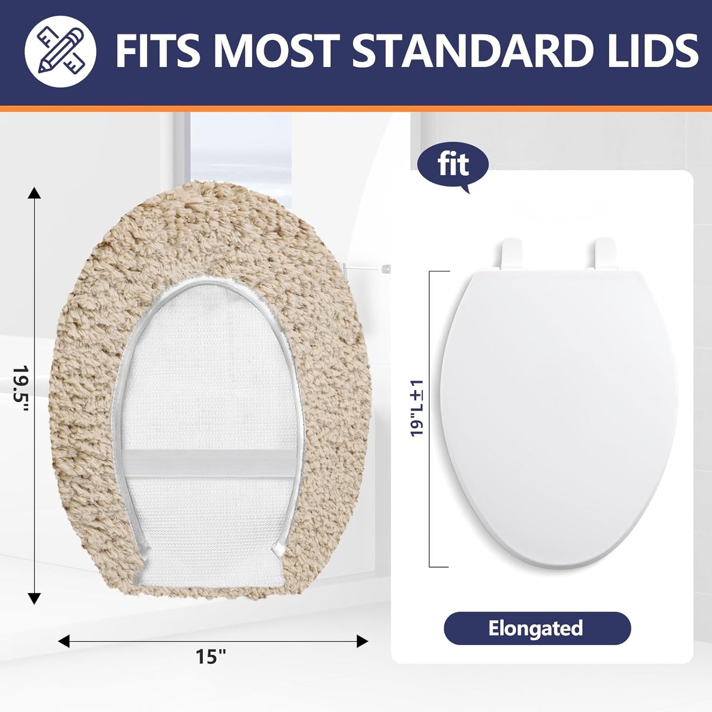 Microfiber Elongated Toilet Seat Cover 19.5"x 15" Machine Washable Solid Toilet Lid Cover Adjustable Rubber Backing Fits Most 18-19.5" L x 14-16" W Elongated Toilet Seat