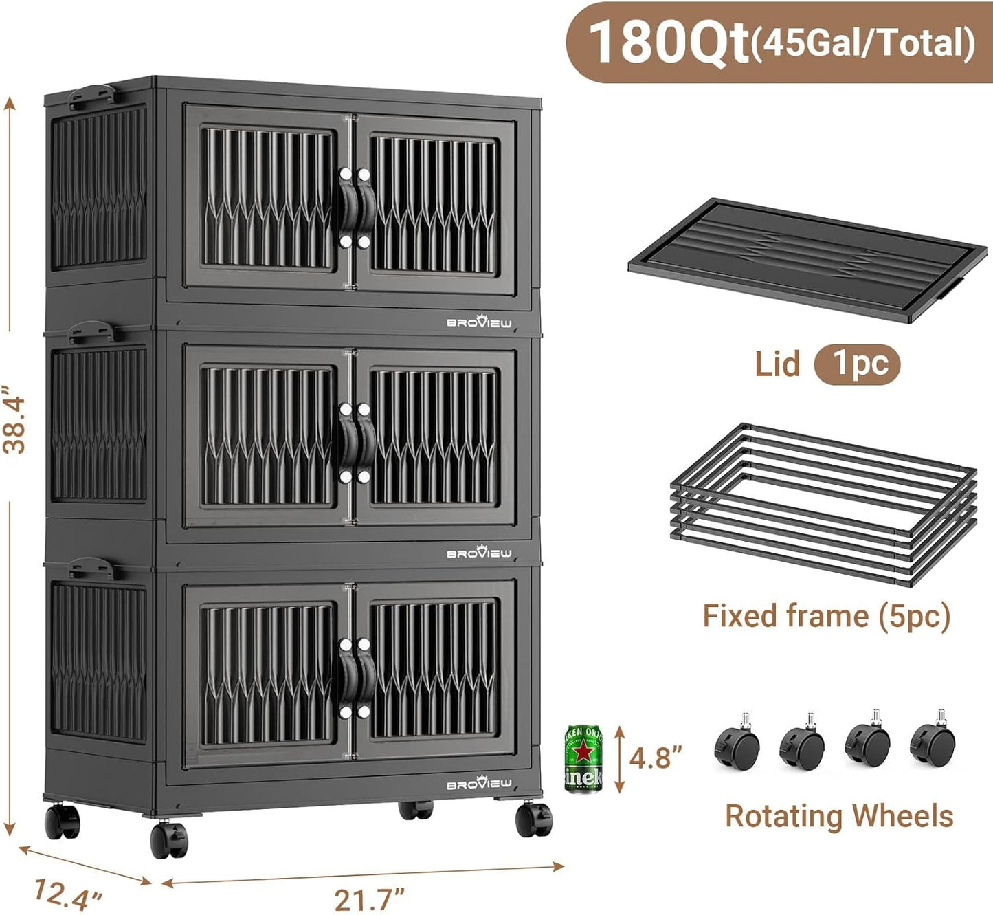 BROVIEW 180Qt Stackable Storage Bins with Lid, Extra Large Closet Organizer Collapsible Drawer Boxes with Wheels, Folding Plastic Cabinet Containers for Home Kitchen Room Organization, 3Pack Black
