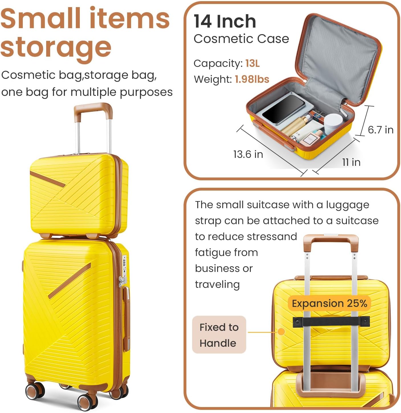 Campfun Luggage Sets 4 Piece, Expandable Carry On Luggage Set Hardshell PP, Suitcase Set with Double Spinner Wheels, Checked Durable Lightweight with TSA Lock, 14/20/24/28in, Yellow Brown(B)