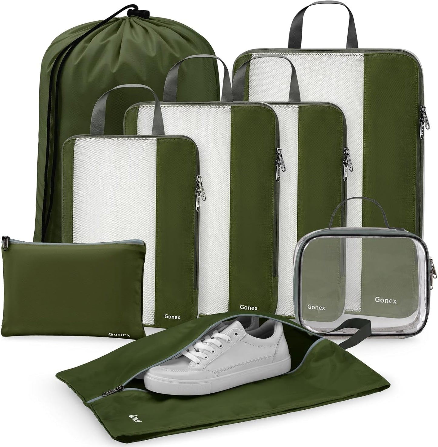 Gonex 8 Set Compression Packing Cubes for Travel, Expandable Mesh Packing Organizer for Travel Accessories Essentials with Toiletry Bag, Laundry Bag, Shoe Bag, Cable Bag for Carry On, Deep Green