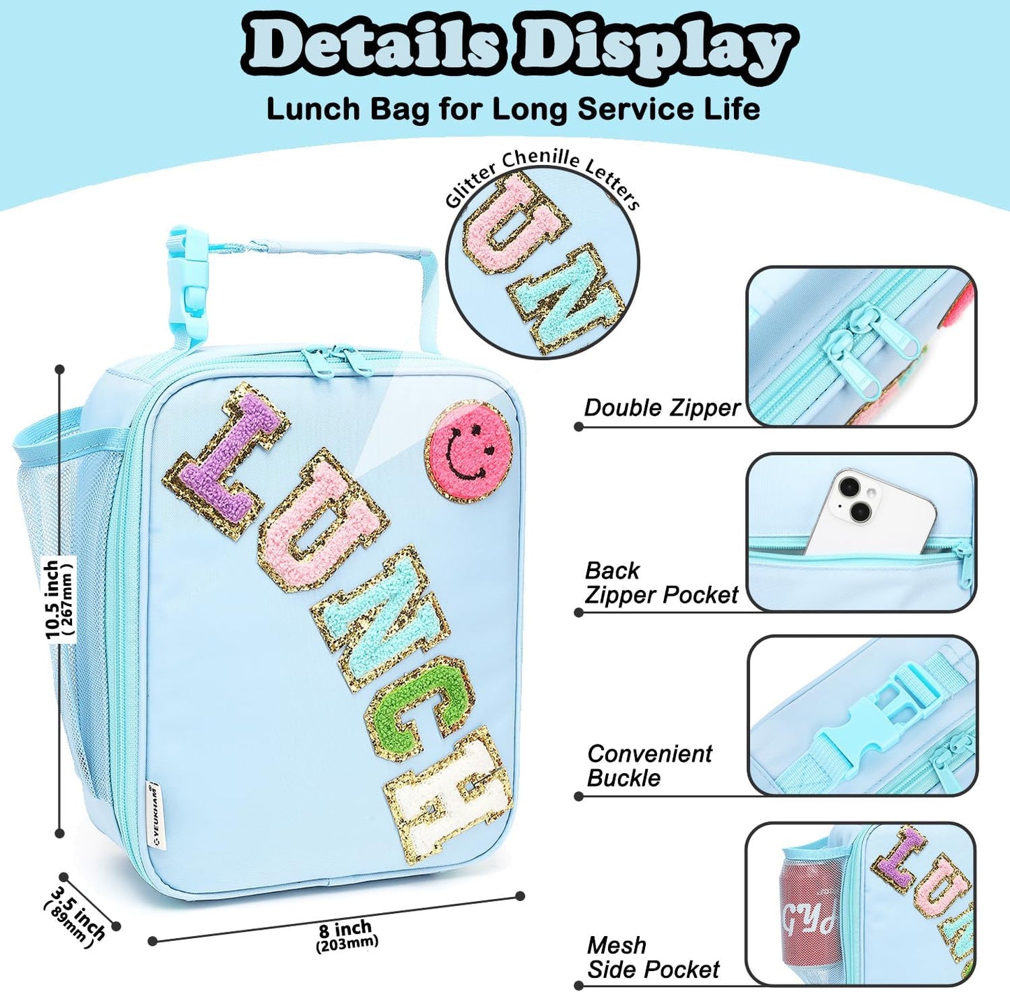 FlowFly Lunch box Insulated Soft Bag Mini Cooler Back to School Thermal Meal Tote Kit With Buckle and Mesh Side Pocket for Girls, Boys, BlueWithLetter
