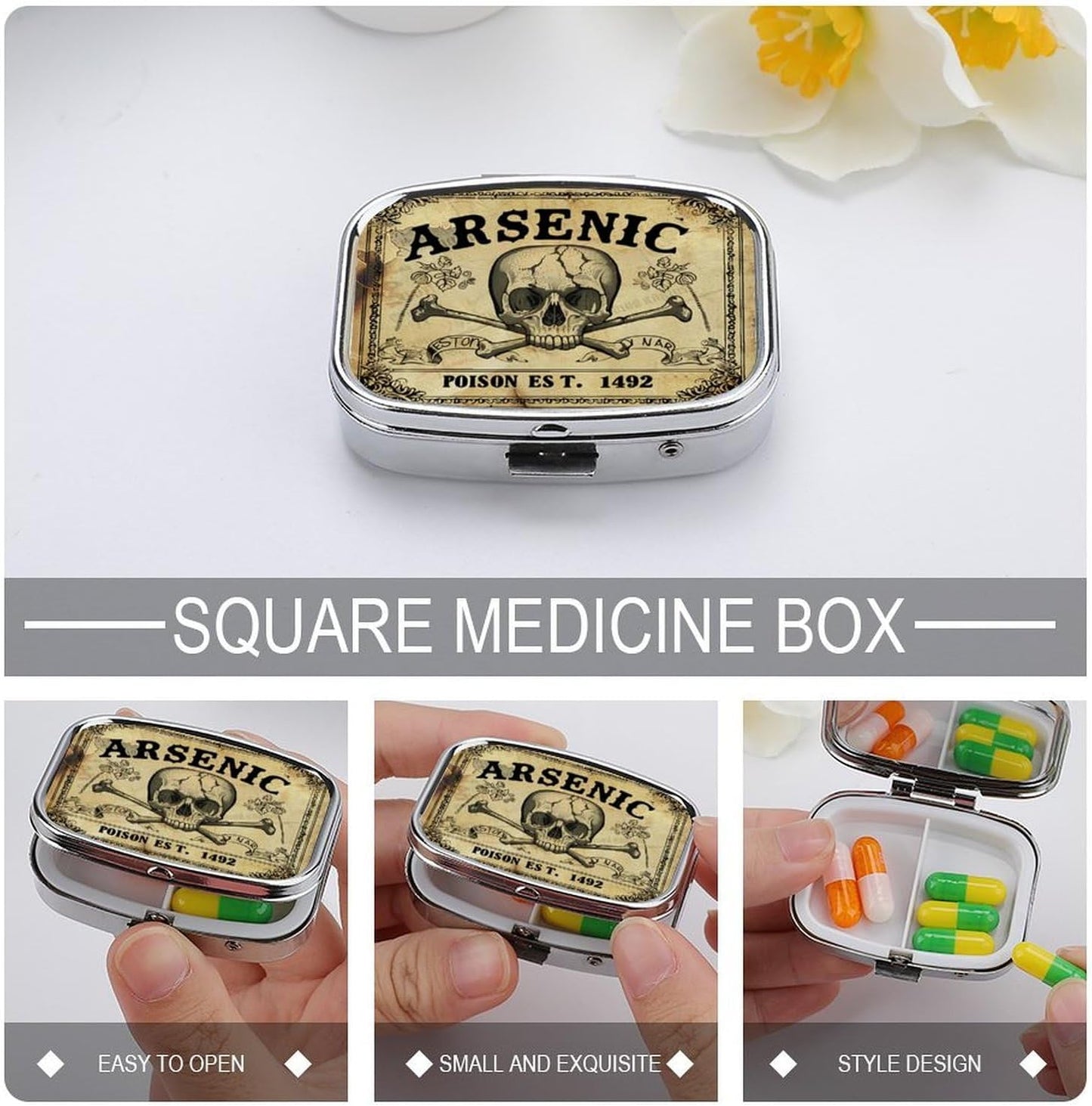Metal 2 Compartment Pill Organizer Travel Friendly Portable Compact Pill Box Cute Pill Case to Hold Vitamins,Fish Oil,Supplements,Meds,Tablet for Purse,Pocket. (Vintage Skeleton)