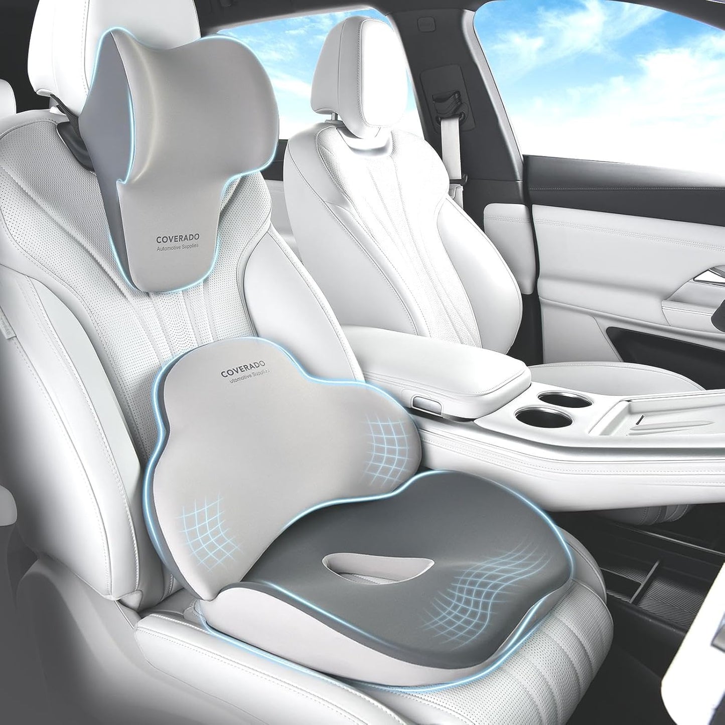 Coverado Car Seat Cushion and Lumbar Support with Headrest Pillow Memory Foam Ergonomic Back Support Driving Seat Cushion Neck Head Pillow, Back Pain Relief, Cushion for Car Driver Office