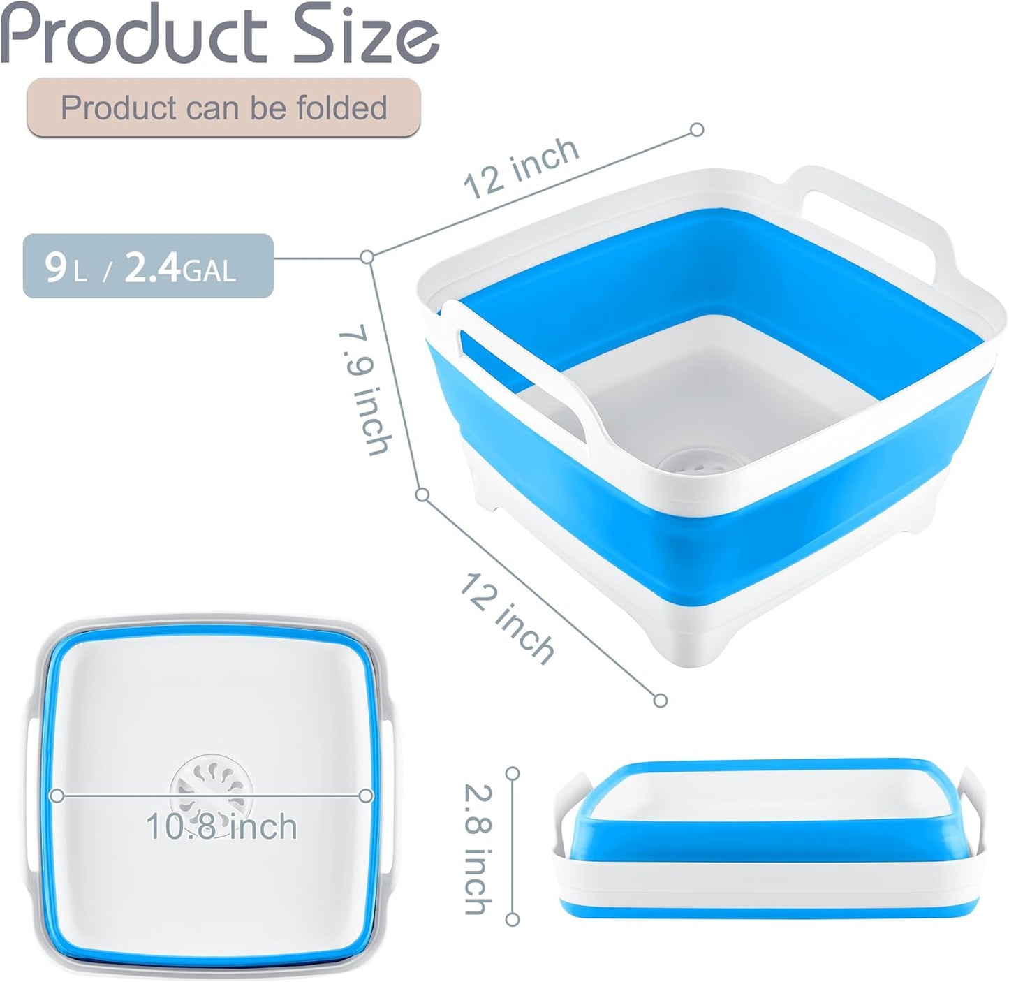 2.4 Gal(9L) Collapsible Dish Basin with Drain Plug - Collapsible Wash Basin for Baby Bottles, Space-Saving Camping Sink for Dishes Washing (Blue)