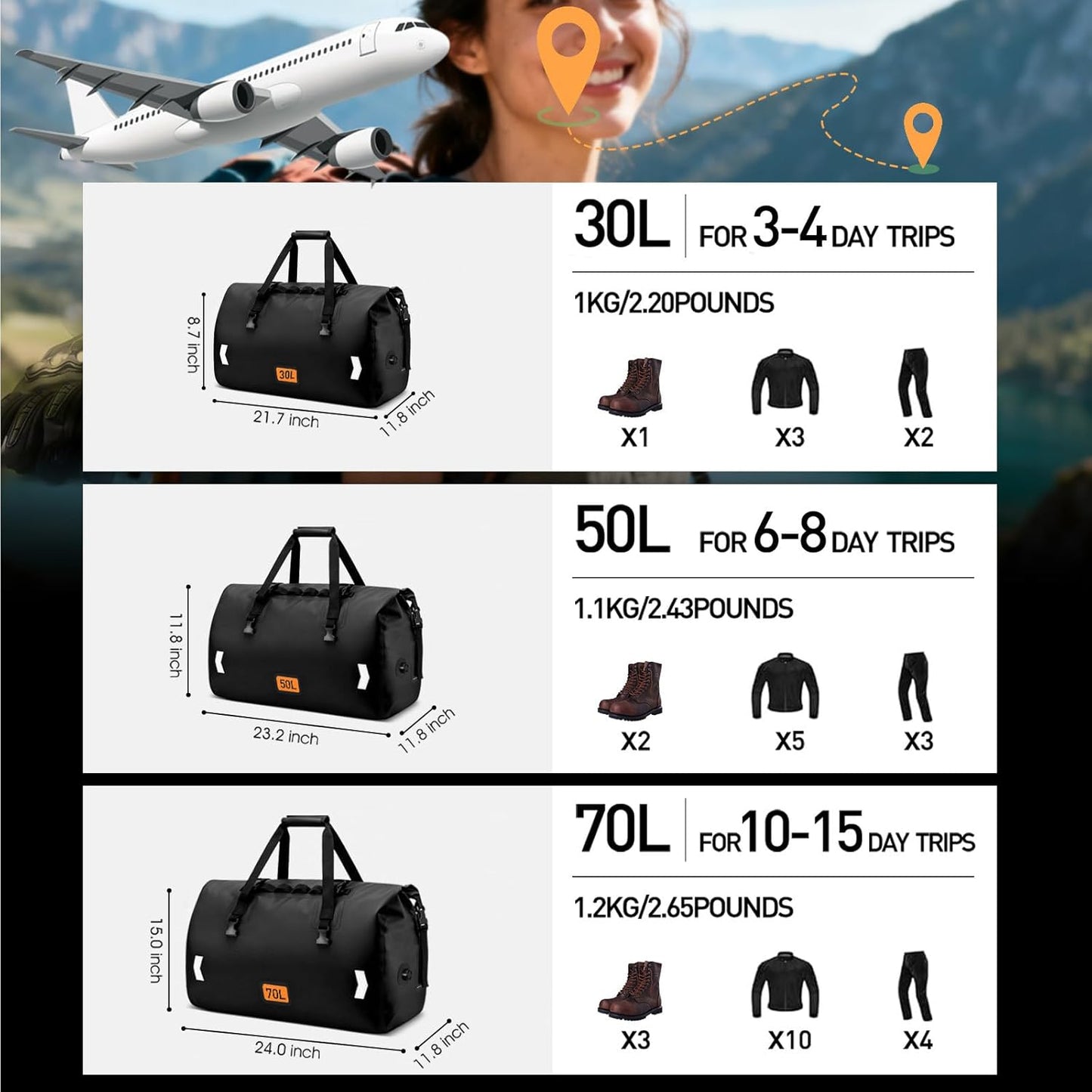 Waterproof Duffel Bag, 50L Roll-top Motorcycle Dry Bag with Air Valve & Quick-fixed Straps, Travel Duffle Bags for Kayaking Paddle Boarding Rafting Boating Camping Riding Fishing - Black