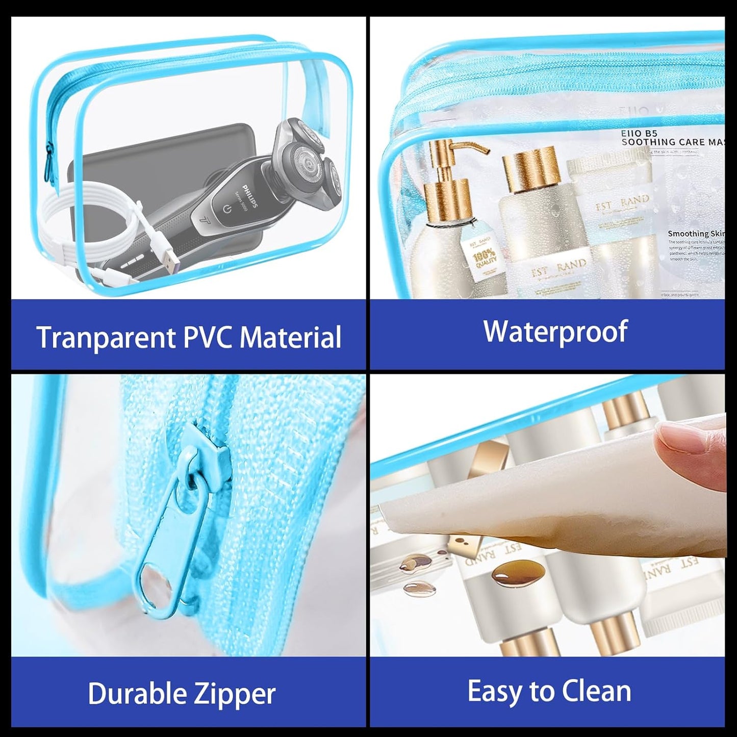 16 Pieces Clear Cosmetic Bags, PVC Clear Pouch with Zipper TSA Approved Toiletry Bag for Travelling, Waterproof Transparent Travel Makeup Cosmetic Organizer Case for Men and Women (Blue-M)