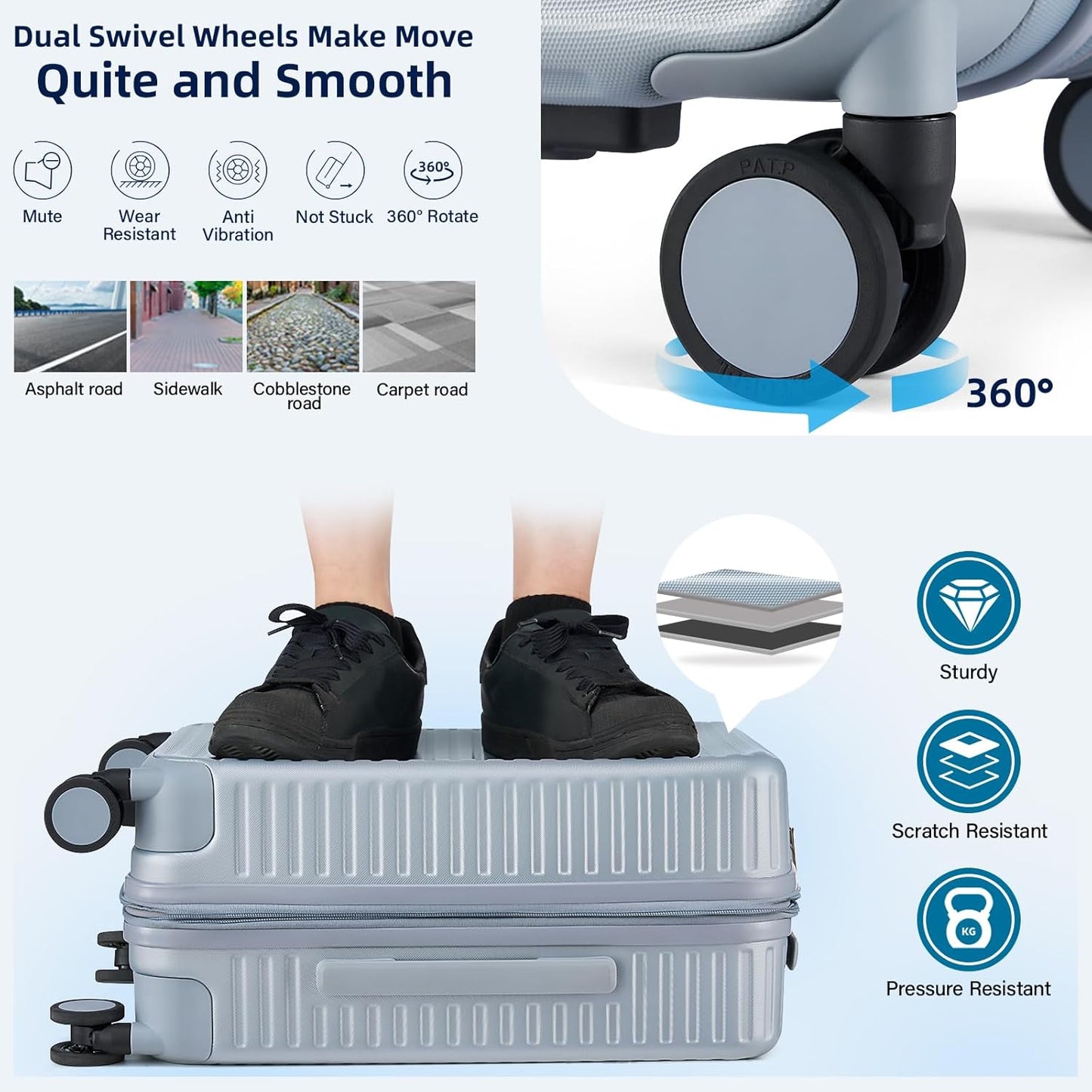 Hard Shell Suitcases Expandable Travel Luggage Sets 2 Piece, Carry on and Check in Luggage Lightweight Suitcase Set 2 Piece with Wheels Cup Holder Charger Built in (Silver, 20/28)