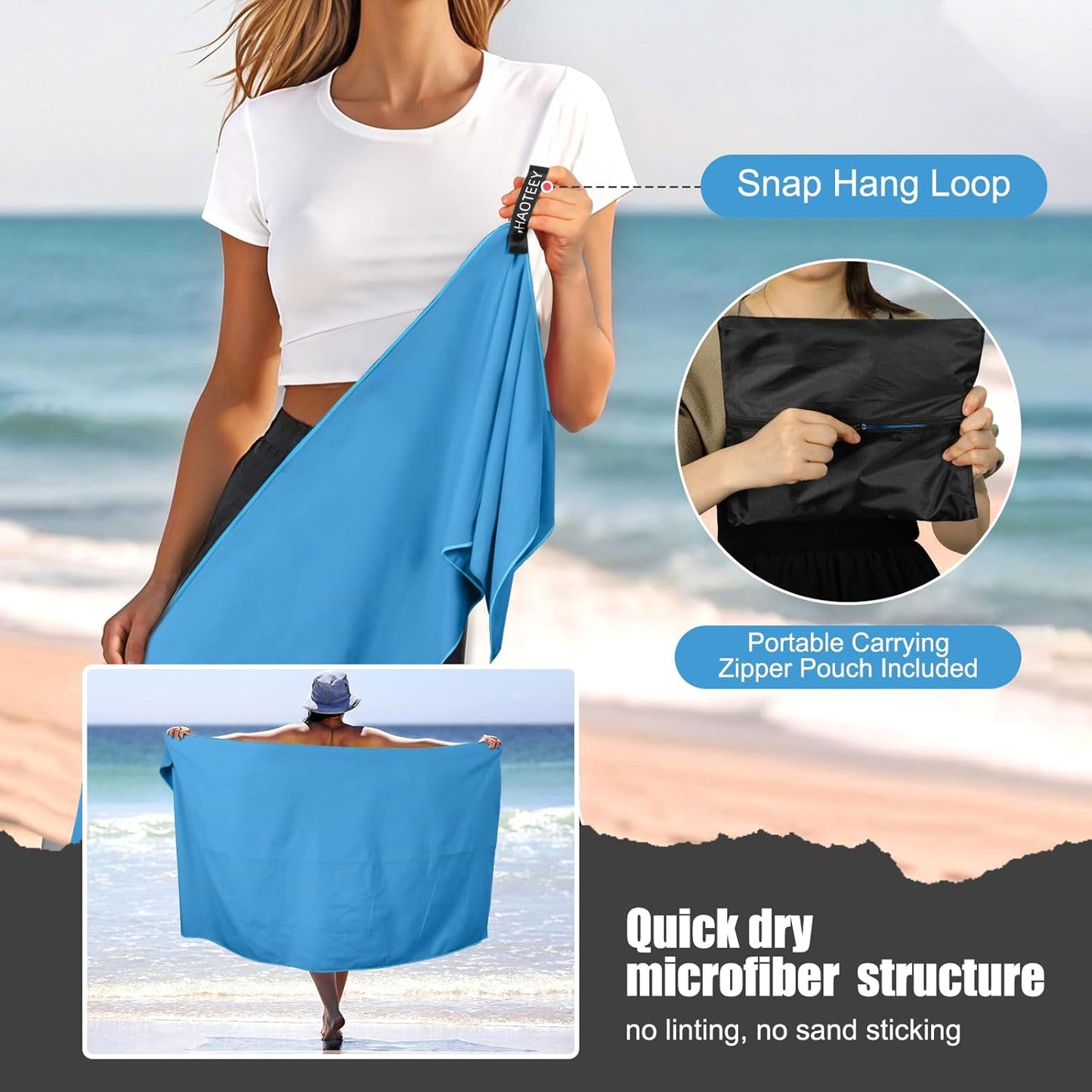 Quick Dry Travel Towel, 3 Sizes 1 Pack Camping Microfiber Towel, Lightweight Fast Drying Towels Set 60"x30", 30"x15", 15"x15" w/Bag for Gym, Beach, Hiking, Swimming, Light Blue