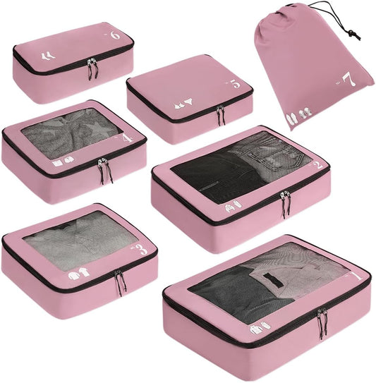 ECOHUB 7 Set Packing Cubes Tear-Resistant Luggage Packing Organizers with Number Icon for Travel Accessories Luggage Suitcase Machine Washable Packing Cubes (Pink)