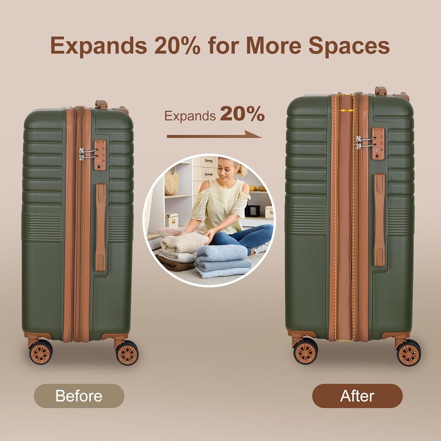 Romswi Luggage Sets 3 Piece Expandable PC+ABS Suitcases, Durable Hardshell Lightweight Suitcase Set with TSA Lock Dual Spinner Wheels, 21/24/28 Inch,Olive Green