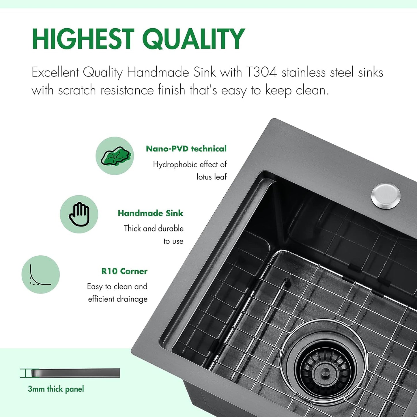 Kitchen Sink, 15 x 15 x 10 inch Kitchen Sinks Small Bar Prep Sink 16 Gauge Gunmetal Black Drop in Kitchen Sink Single Bowl Workstation Sink with Cutting Board