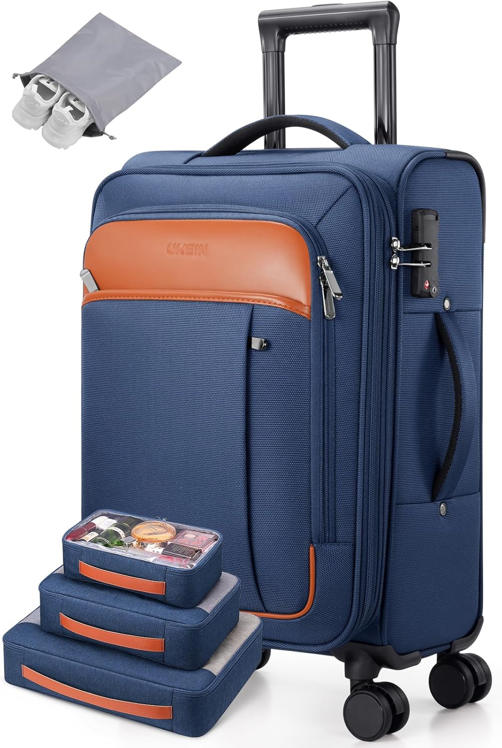 UKEIN Softside Expandable Carry On Luggage 22x14x9 Airline Approved, 20 Inch Carry On Suitcase with Wheels & TSA Lock, Travel Suitcase with 4-Piece Packing Bags for Women Men