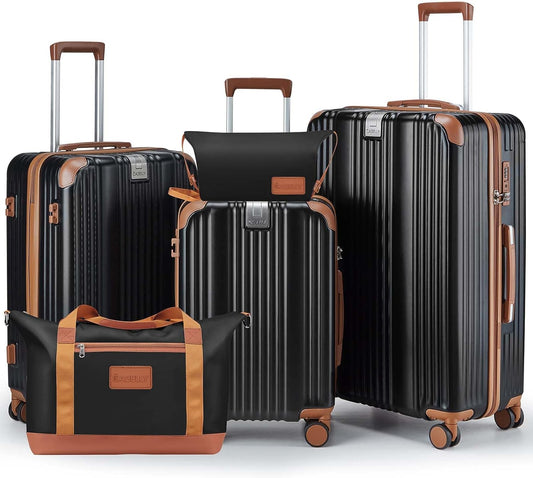 Luggage Set 3 Piece Luggage with PC+ABS Hardshell TSA Lock Spinner Wheels Carry on Lightweight Suitcase,Cup Holder,YKK Zippers (Black, 5 piece sets(20/24/28/DB/TB))